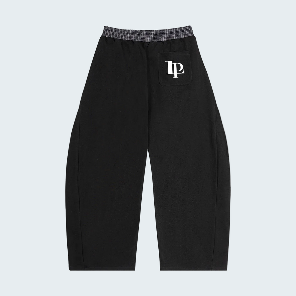 BLACK BARREL SWEATPANTS WITH PLAID WAISTBAND