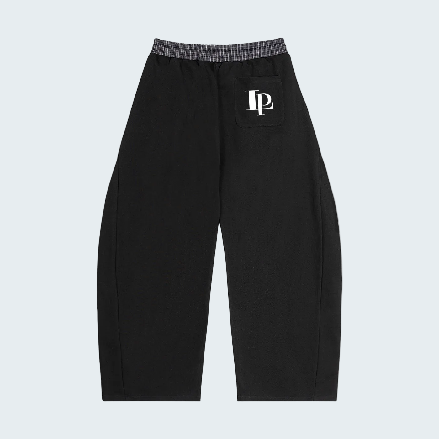 BLACK BARREL SWEATPANTS WITH PLAID WAISTBAND