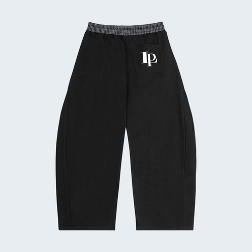 BLACK BARREL SWEATPANTS WITH PLAID WAISTBAND