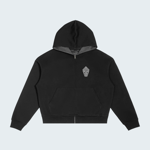BLACK ZIP-UP HOODIE WITH CHECKERED LINED HOOD