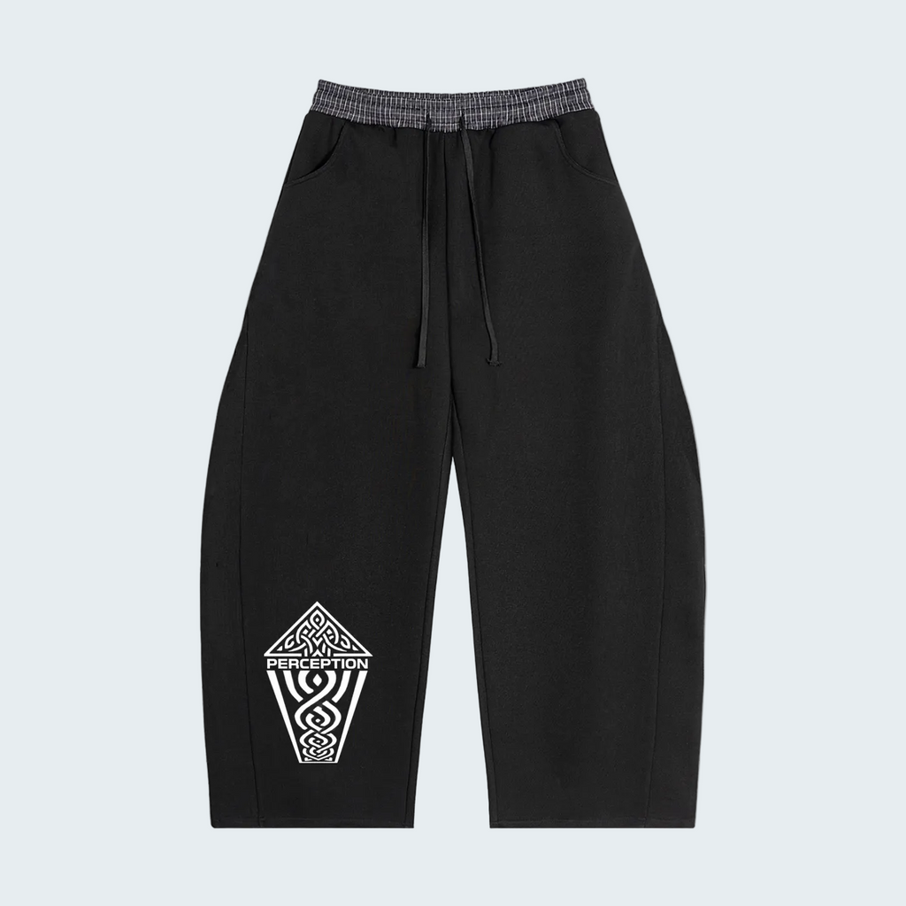 BLACK BARREL SWEATPANTS WITH PLAID WAISTBAND