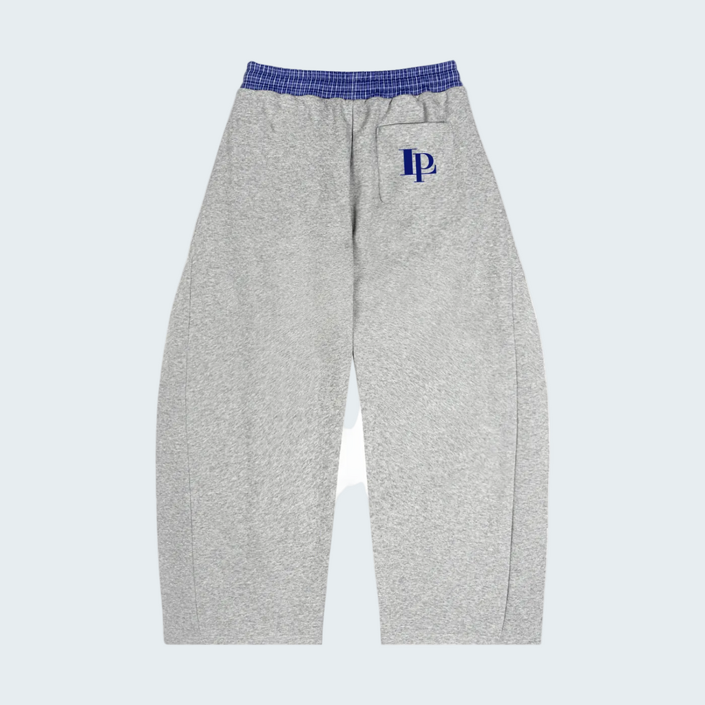 GRAY BARREL SWEATPANTS WITH PLAID WAISTBAND