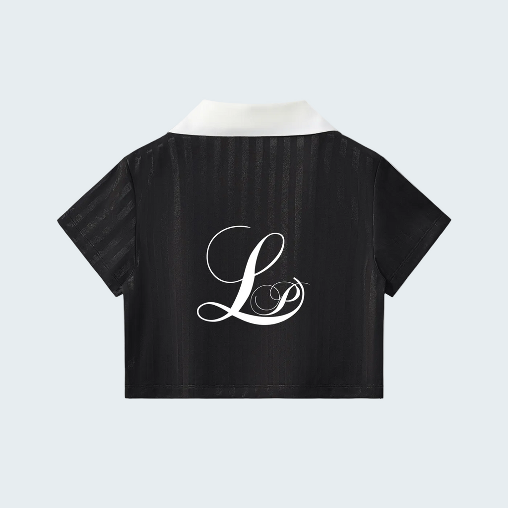 BLACK - CONTRAST COLLAR STRIPED CROP POLO