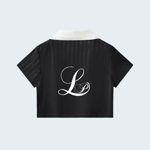 BLACK - CONTRAST COLLAR STRIPED CROP POLO