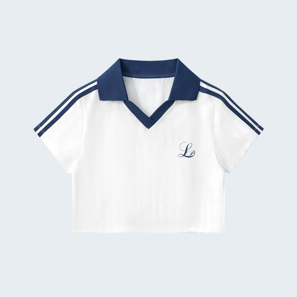 LIGHT BLUE - CONTRAST COLLAR STRIPED CROP POLO