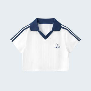 LIGHT BLUE - CONTRAST COLLAR STRIPED CROP POLO