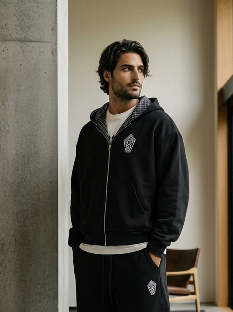 BLACK ZIP-UP HOODIE WITH CHECKERED LINED HOOD