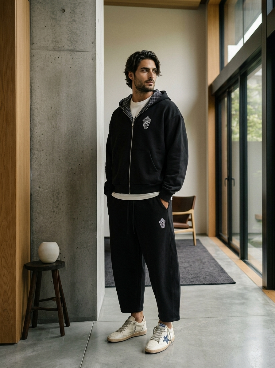 BLACK BARREL SWEATPANTS WITH PLAID WAISTBAND