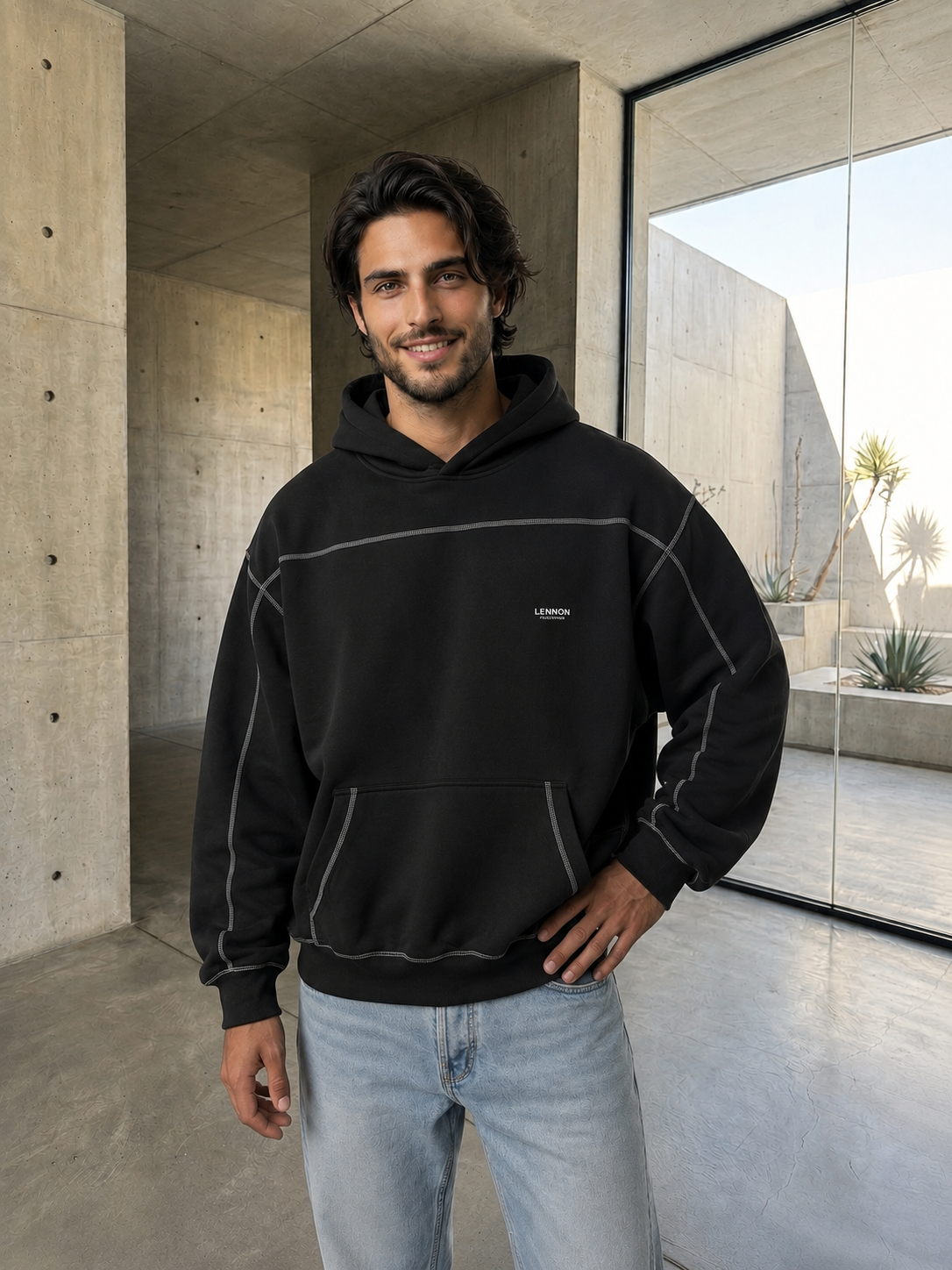 BOXY FLEECE HOODIE WITH CONTRAST STITCHING