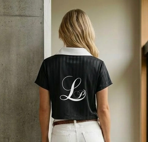 BLACK - CONTRAST COLLAR STRIPED CROP POLO