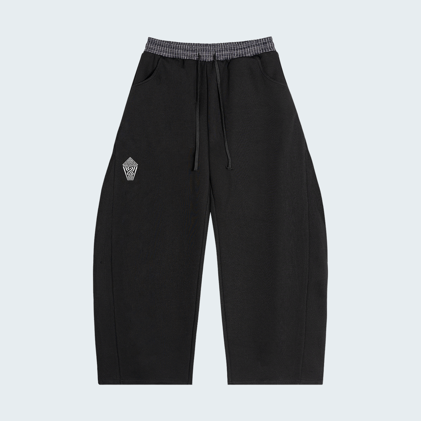 BLACK BARREL SWEATPANTS WITH PLAID WAISTBAND
