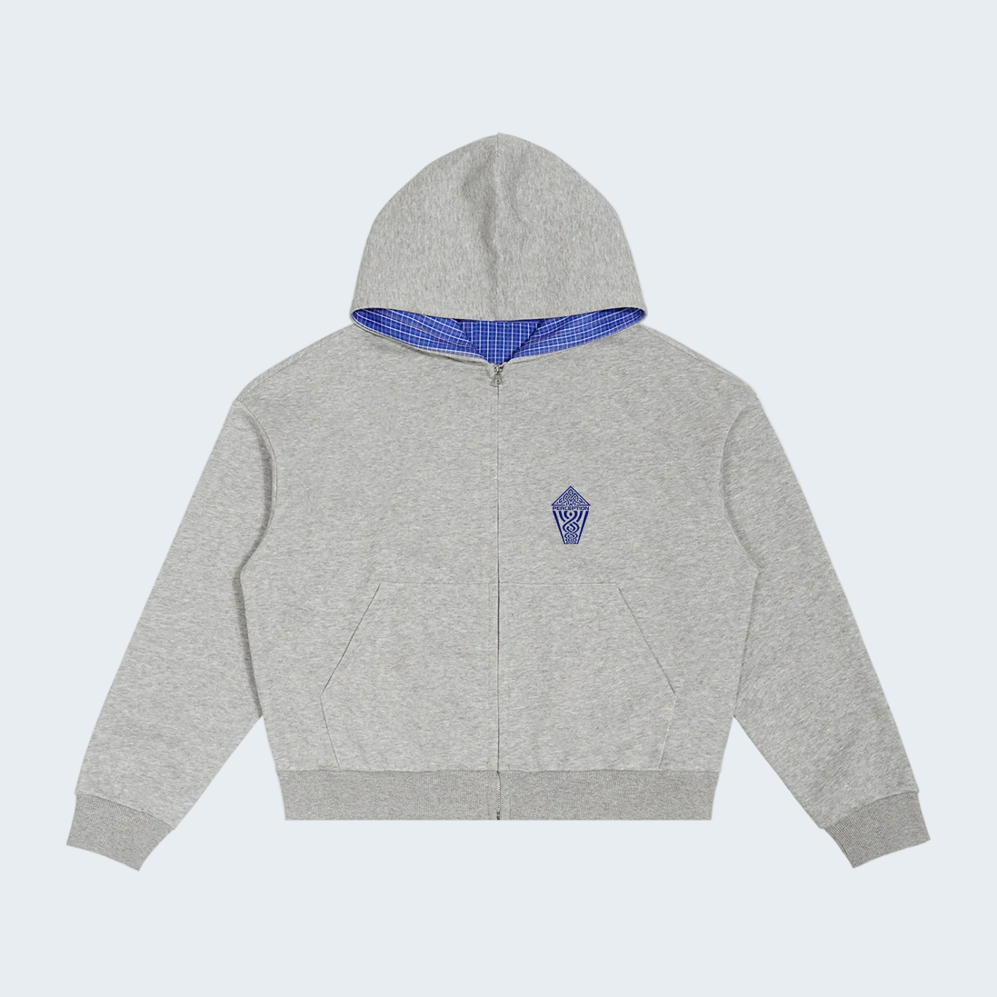 GRAY ZIP-UP HOODIE WITH CHECKERED LINED HOOD