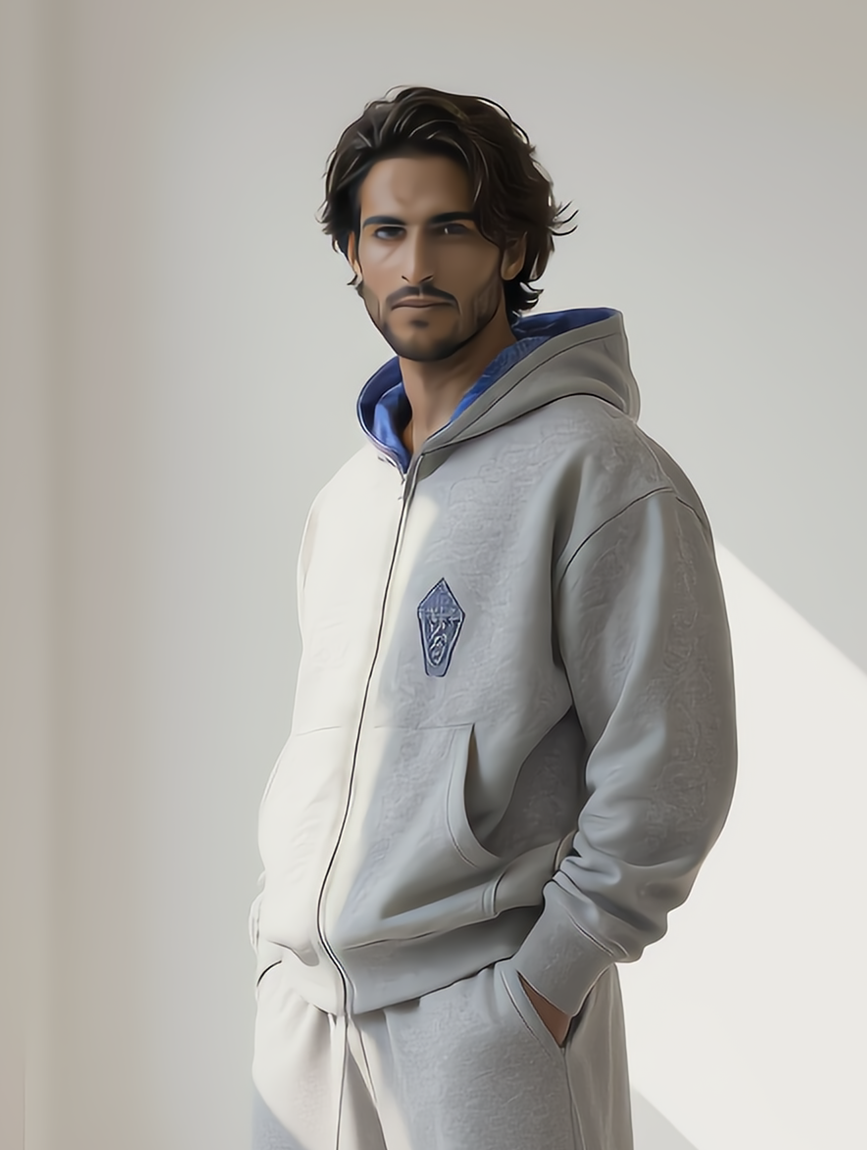 GRAY ZIP-UP HOODIE WITH CHECKERED LINED HOOD