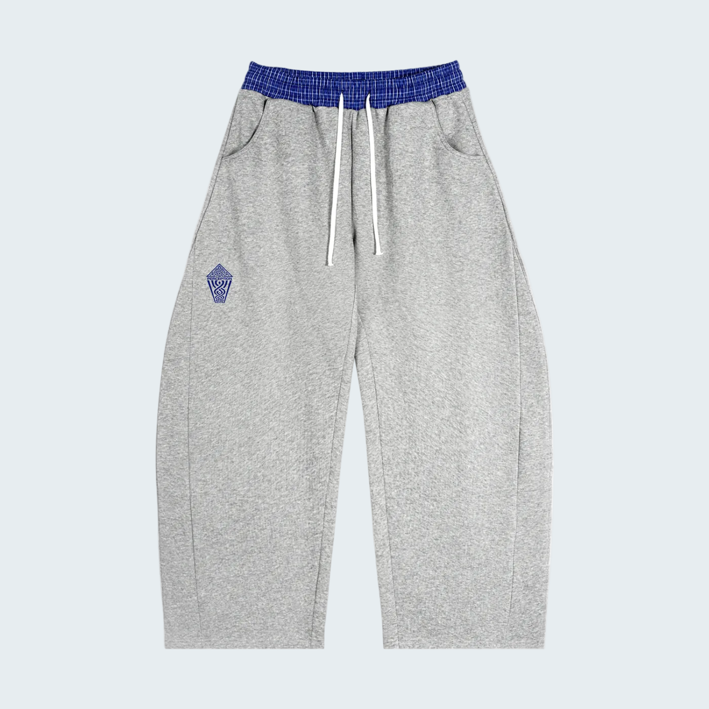 GRAY BARREL SWEATPANTS WITH PLAID WAISTBAND