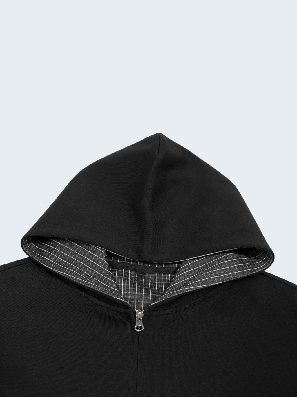 BLACK ZIP-UP HOODIE WITH CHECKERED LINED HOOD