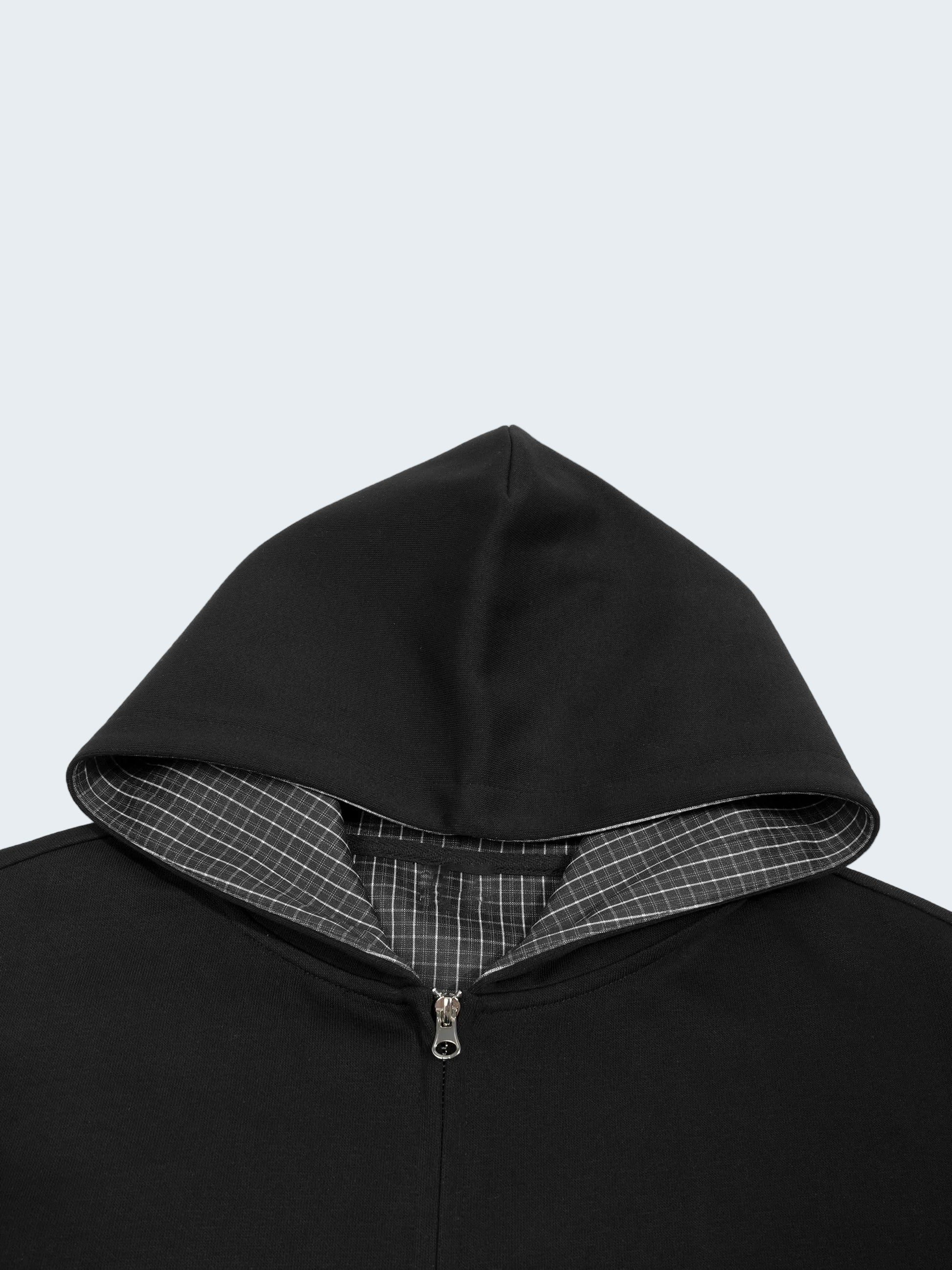 BLACK ZIP-UP HOODIE WITH CHECKERED LINED HOOD