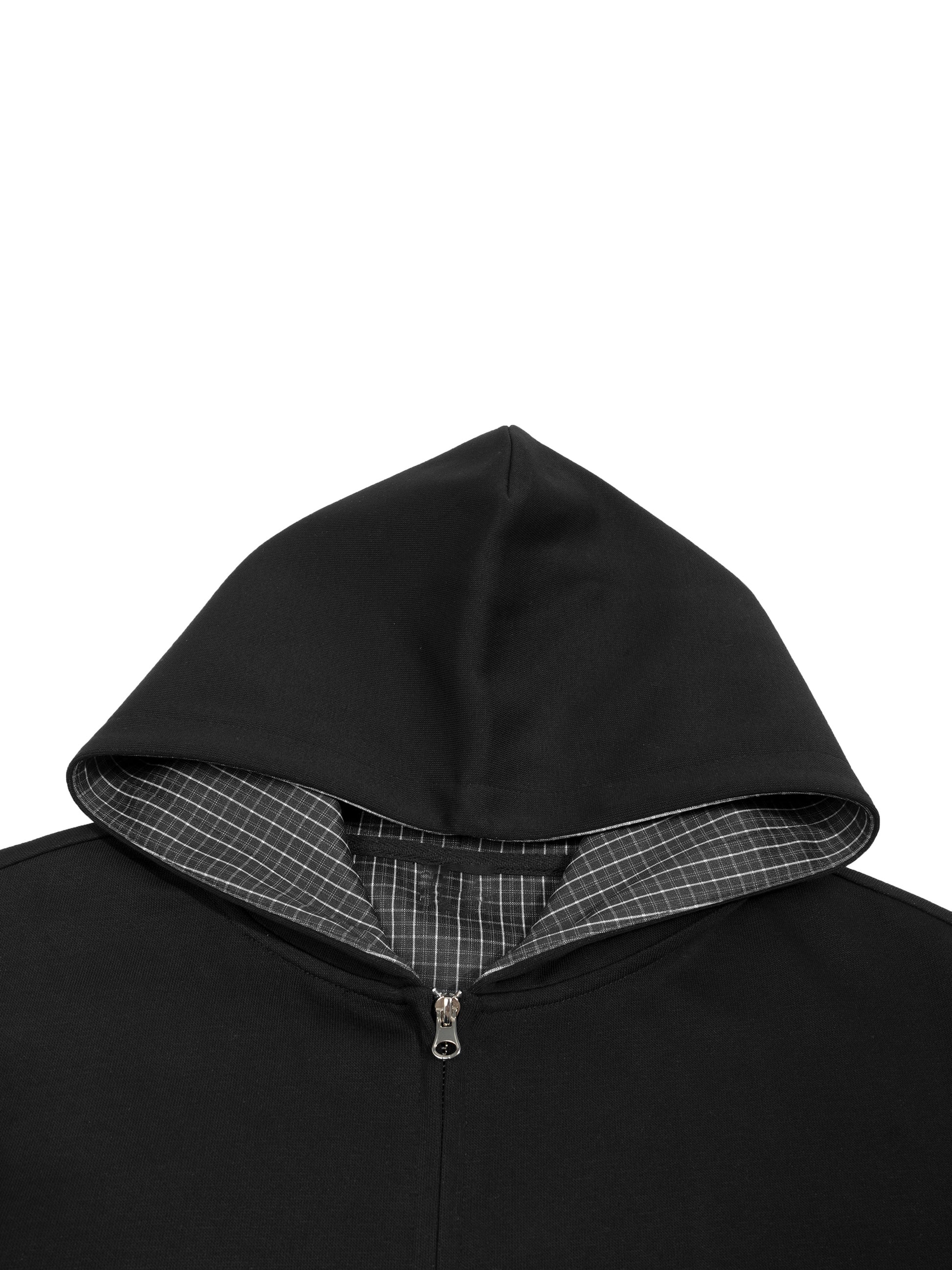 GRAY ZIP-UP HOODIE WITH CHECKERED LINED HOOD
