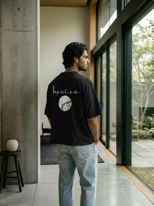 BASEBALL- BLACK  BOXY DROP SHOULDER TEE